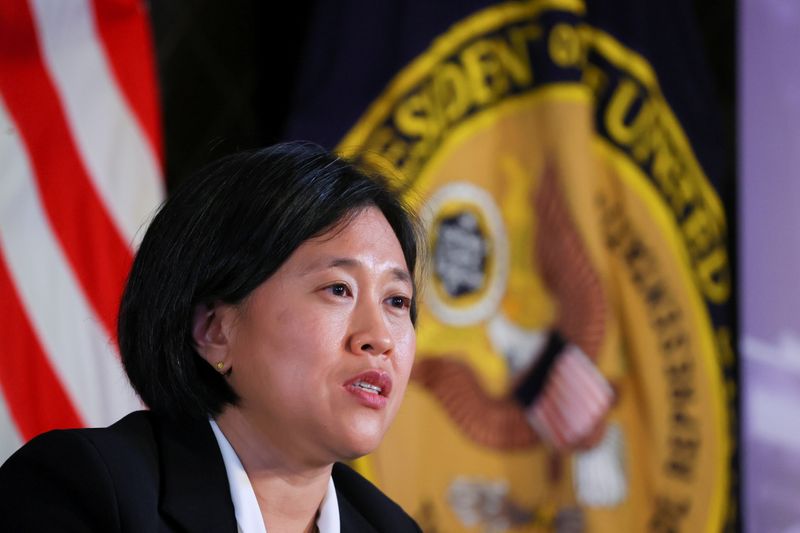 &copy; Reuters. FILE PHOTO: U.S. Trade Representative Katherine Tai addresses the Geneva Graduate Institute on the role of the World Trade Organization (WTO) in the global economy and U.S. policy priorities ahead of the 12th Ministerial Conference in Geneva, Switzerland 