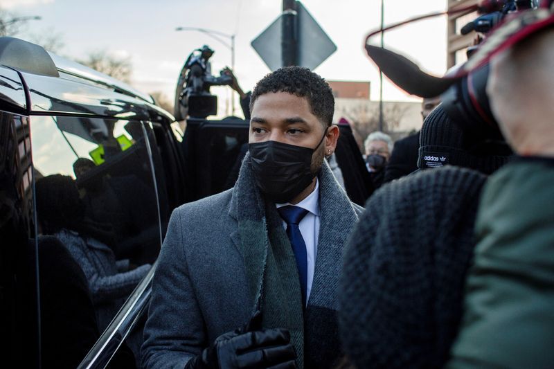 &copy; Reuters. Former "Empire" actor Jussie Smollett leaves court during his trial for six counts of disorderly conduct on suspicion of making false reports to police, in Chicago, Illinois, U.S. December 8, 2021.  REUTERS/Jim Vondruska
