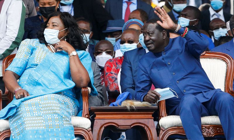 © Reuters. Kenya's Opposition leader Raila Odinga and wife Ida Odinga attend the Azimio la Umoja (Declaration of Unity) rally to unveil his August 2022 Presidential race candidature at the Moi International Sports centre in Kasarani, Nairobi, Kenya December 10, 2021. REUTERS/Thomas Mukoya