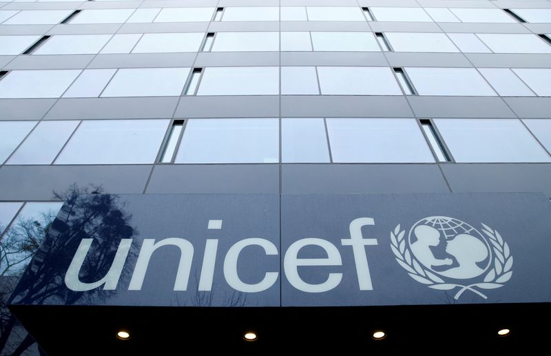 &copy; Reuters. FILE PHOTO: A UNICEF logo is pictured outside their offices in Geneva, Switzerland, January 30, 2017.  REUTERS/Denis Balibouse