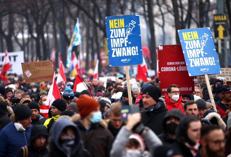 &copy; Reuters. Demonstrators hold flags and placards as they march to protest against the coronavirus disease (COVID-19) restrictions and the vaccine mandate in Vienna, Austria, December 11, 2021. REUTERS/Lisi Niesner