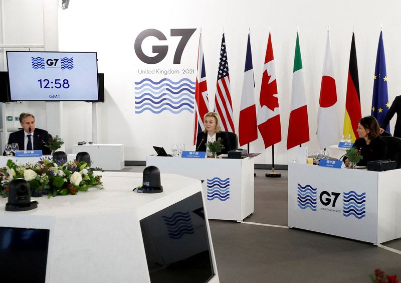 &copy; Reuters. U.S. Secretary of State Antony Blinken, British Foreign Secretary Liz Truss, and German Foreign Minister Annalena Baerbock attend a plenary session of the G7 summit of foreign and development ministers at the Museum of Liverpool, in Liverpool, Britain, De