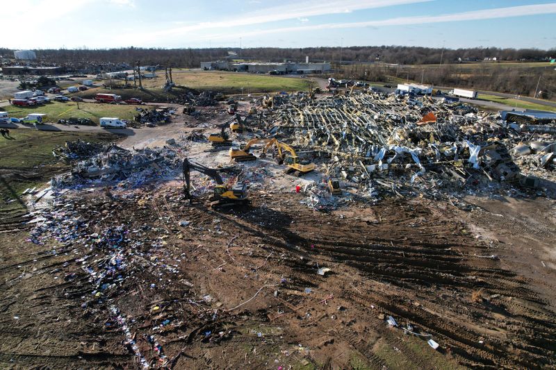 &copy; Reuters. A general view of damage and debris of a candle factory after a devastating outbreak of tornadoes ripped through several U.S. states, in Mayfield, Kentucky, U.S., December 11, 2021. REUTERS/Cheney Orr