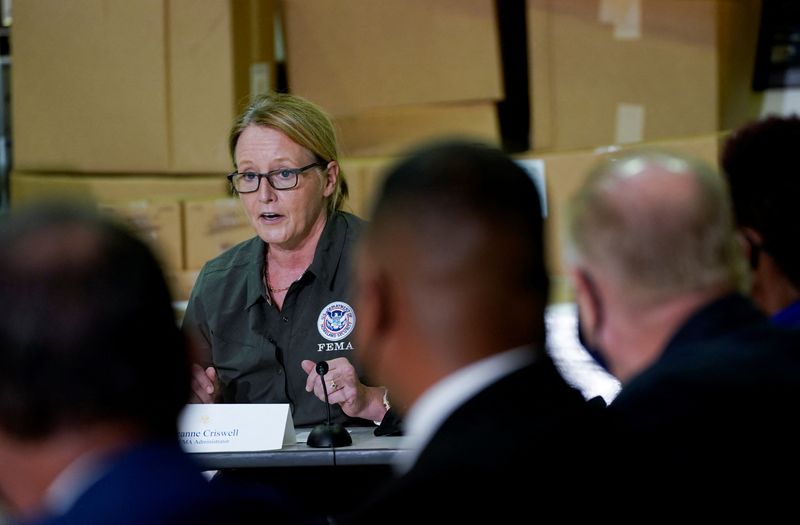 &copy; Reuters. FEMA administrator Deanne Criswell speaks during a briefing by local leaders on the impact of the remnants of Tropical Storm Ida at Somerset County Emergency Management Training Center in Hillsborough Township, New Jersey, U.S., September 7, 2021. REUTERS