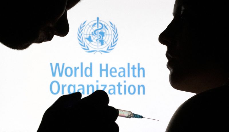 &copy; Reuters. FILE PHOTO: People pose with syringe with needle in front of displayed World Health Organization (WHO) logo, in this illustration taken December 11, 2021. REUTERS/Dado Ruvic