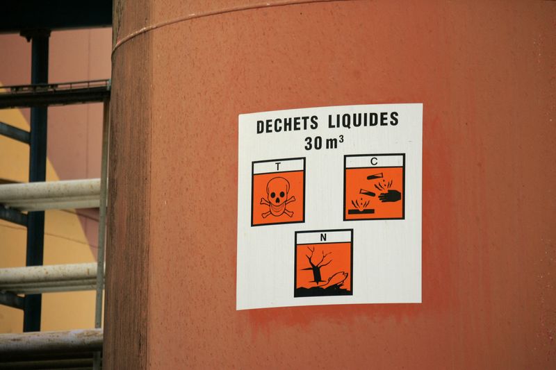 &copy; Reuters. FILE PHOTO: Warning signs are seen on a tank at the Tredi Seche toxic waste treatment plant, in Salaise-sur-Sanne, southeastern France, November 28, 2006.   REUTERS/Robert Pratta