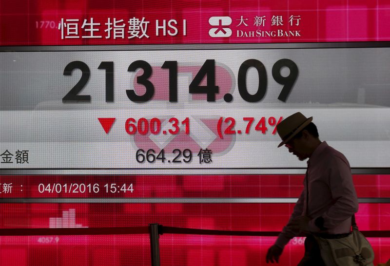 &copy; Reuters. A man walks past a panel displaying the benchmark Hang Seng index during afternoon trading in Hong Kong, China January 4, 2016. REUTERS/Bobby Yip