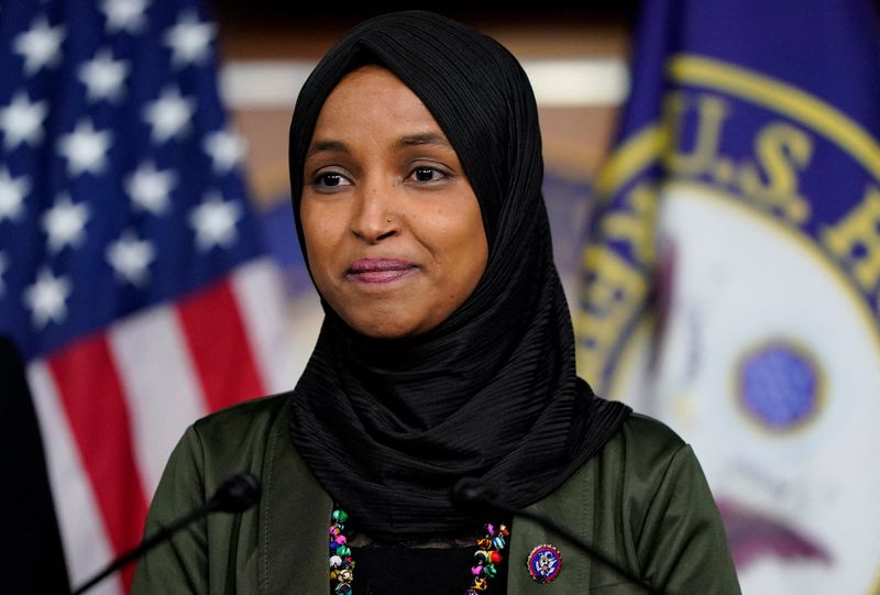 &copy; Reuters. FILE PHOTO: U.S. Representative Ilhan Omar (D-MN) attends a news conference addressing the anti-Muslim comments made by Representative Lauren Boebert (R-CO) towards Omar, on Capitol Hill in Washington, U.S., November 30, 2021. REUTERS/Elizabeth Frantz