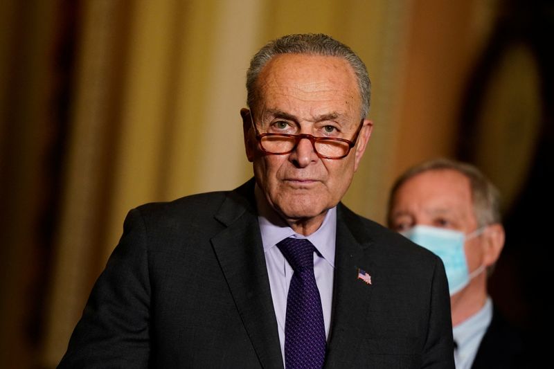 &copy; Reuters. U.S. Senate Majority Leader Chuck Schumer (D-NY) speaks to reporters following the Senate Democrats weekly policy lunch at the U.S. Capitol in Washington, U.S., November 30, 2021. REUTERS/Elizabeth Frantz/Files