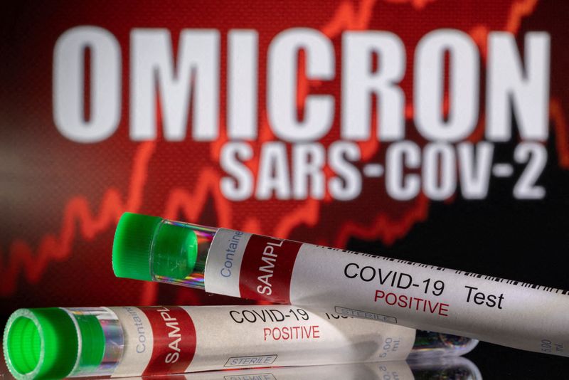 &copy; Reuters. FILE PHOTO: Test tubes labelled "COVID-19 Test Positive" are seen in front of displayed words "OMICRON SARS-COV-2" in this illustration taken December 11, 2021. REUTERS/Dado Ruvic/Illustration