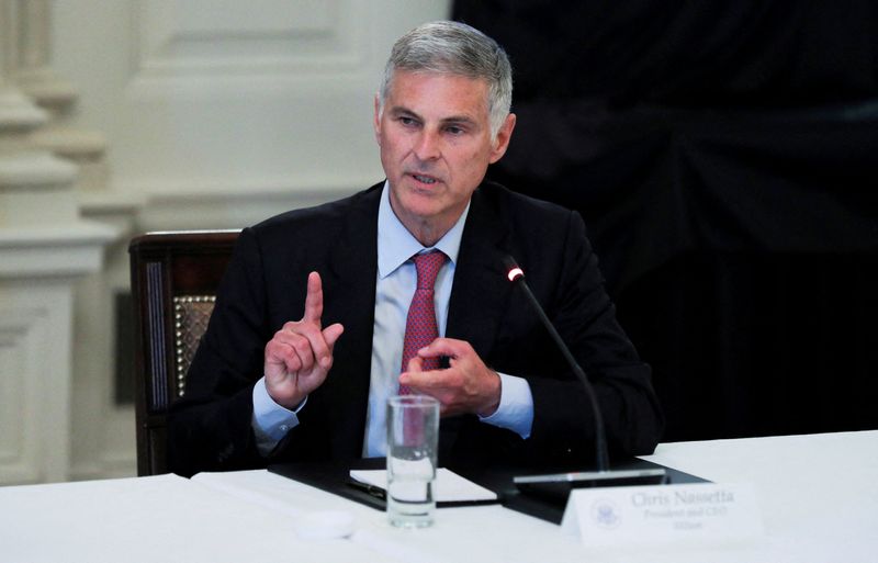 &copy; Reuters. FILE PHOTO: Hilton CEO Chris Nassetta speaks during a roundtable discussion with industry executives and U.S. President Donald Trump on the administration's plan for "Opening Up America Again” amid the coronavirus disease (COVID-19) pandemic in the Stat
