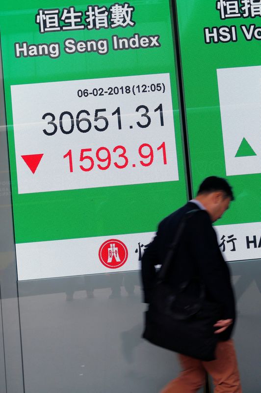 &copy; Reuters. A panel displays the closing morning trading Hang Seng Index outside a bank in Hong Kong, China February 6, 2018.      REUTERS/Bobby Yip