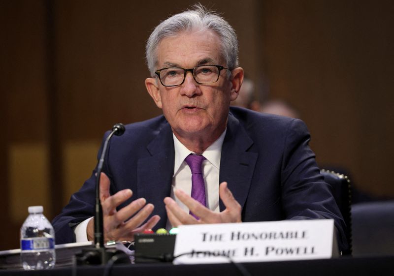 &copy; Reuters. FILE PHOTO: Federal Reserve Chair Jerome Powell testifies during a Senate Banking, Housing and Urban Affairs Committee hearing on the CARES Act, at the Hart Senate Office Building in Washington, DC, U.S., September 28, 2021. Kevin Dietsch/Pool via REUTERS