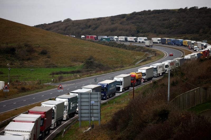 © Reuters. Freight lorries are seen queuing on A20 road into the Port of Dover, in Dover, Britain December 16, 2021. REUTERS/Henry Nicholls.