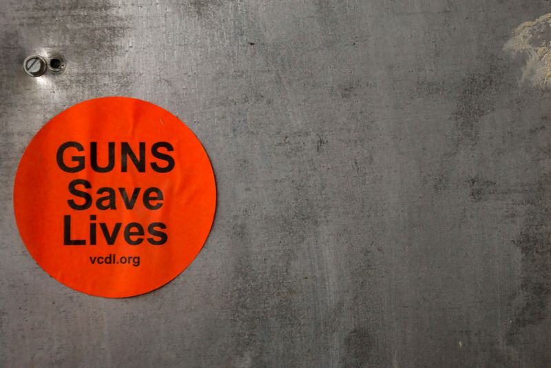 &copy; Reuters. FILE PHOTO: A sticker is seen on the wall of a shooting range where the Hudson Valley Nubian Gun Club practice in Monroe, New York, U.S., July 30, 2020. Picture taken July 30, 2020.  REUTERS/Brendan McDermid/File Photo