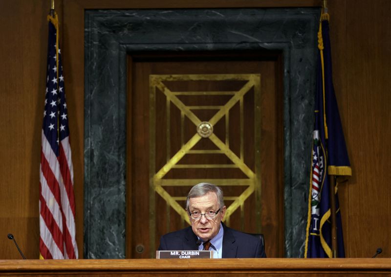 &copy; Reuters. FILE PHOTO: Committe Chairman Sen. Dick Durbin, D-IL,  gives opening remarks before testimony by Attorney General Merrick Garland during a Senate Judiciary Committee hearing examining the Department of Justice on Capitol Hill in Washington, DC, October 27