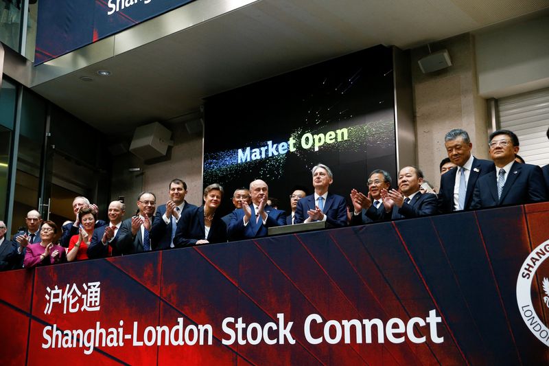 &copy; Reuters. FILE PHOTO: British Chancellor of the Exchequer Philip Hammond and Chinese Vice-Premier Hu Chunhua react after the opening of the markets at the London Stock Exchange in London, Britain June 17, 2019. REUTERS/Henry Nicholls/Pool/File Photo