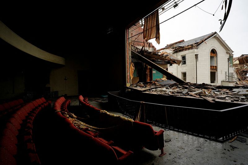 &copy; Reuters. A general view of a damaged theater, after images of the theater went viral, following a devastating outbreak of tornadoes that ripped through several U.S. states, in Mayfield, Kentucky, U.S., December 16, 2021. REUTERS/Cheney Orr