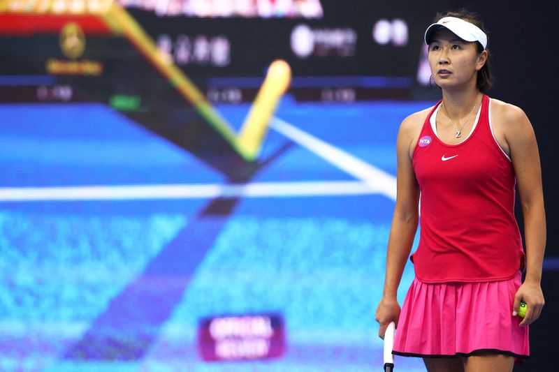 &copy; Reuters. FILE PHOTO: Tennis - China Open Women's Singles Second Round - Beijing, China - 05/10/16. China's Peng Shuai reacts to a challenge call as she plays against France's Caroline Garcia.  REUTERS/Damir Sagolj