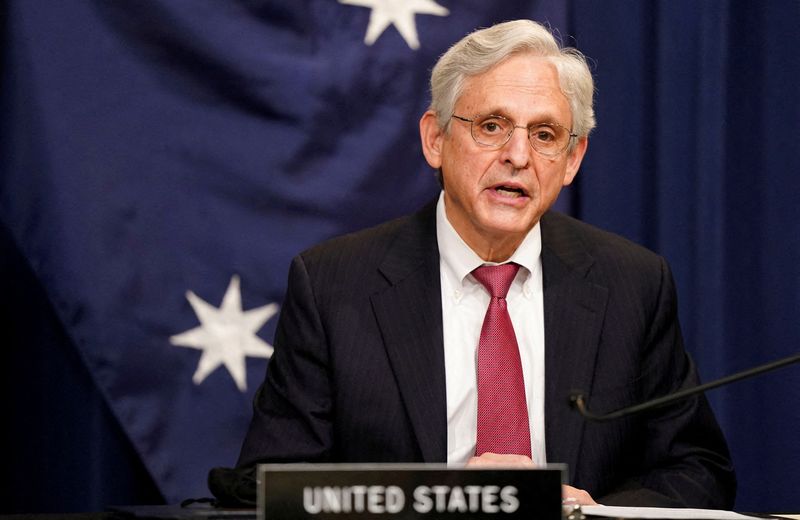 &copy; Reuters. FILE PHOTO: U.S. Attorney General Merrick Garland  and Australian Minister for Home Affairs Karen Andrews (not pictured) announce a landmark new law enforcement partnership at the U.S. Department of Justice in Washington, U.S., December 15, 2021.  Leigh V