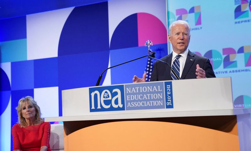 &copy; Reuters. FILE PHOTO: First lady Jill Biden watches as U.S. President Joe Biden delivers remarks to the National Education Association's Annual Meeting and Representative Assembly in Washington, U.S., July 2, 2021. REUTERS/Kevin Lamarque/File Photo