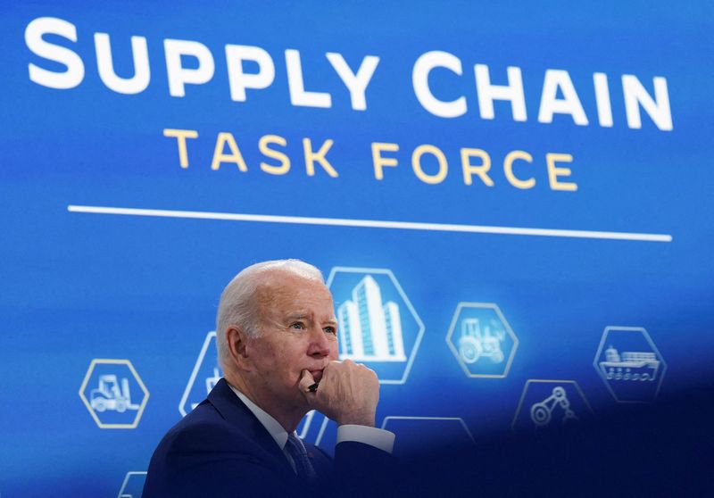 © Reuters. U.S. President Joe Biden meets with his Supply Chain Disruptions Task Force and private sector CEOs at the White House in Washington, U.S. December 22, 2021. REUTERS/Kevin Lamarque     