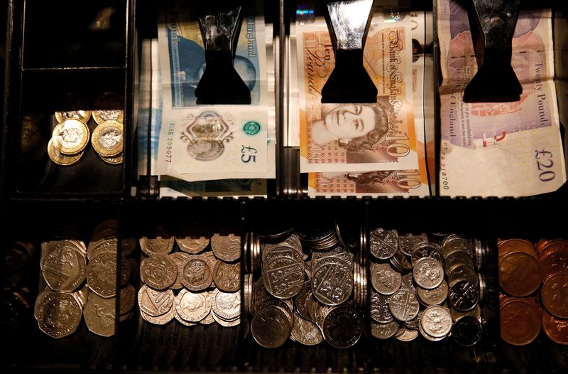 &copy; Reuters. FILE PHOTO: Pound Sterling notes and change are seen inside a cash resgister in a coffee shop in Manchester, Britain, Septem,ber 21, 2018. REUTERS/Phil Noble/File Photo