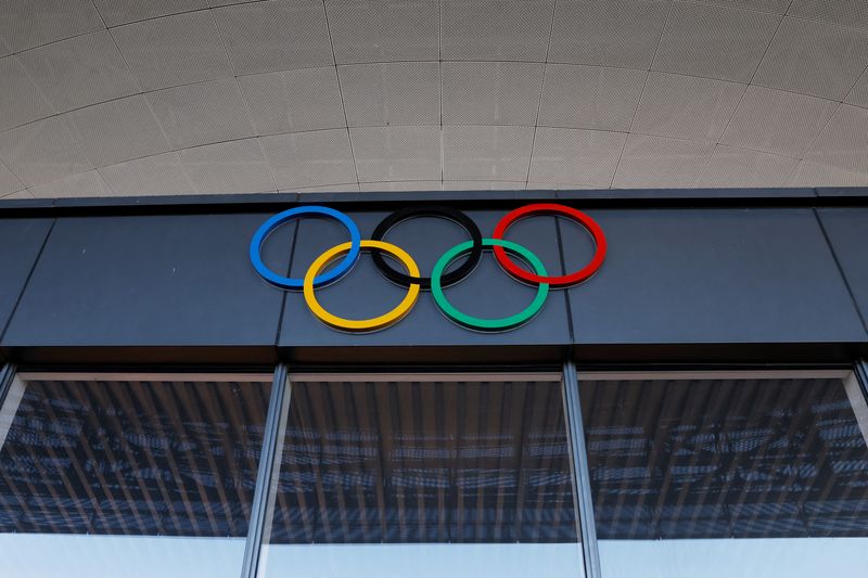 &copy; Reuters. Olympic rings are seen at the National Ski Jumping Centre during a government-organised media tour to Beijing 2022 Winter Olympics venues in Zhangjiakou, Hebei province, China December 21, 2021. Picture taken December 21, 2021. REUTERS/Carlos Garcia Rawli