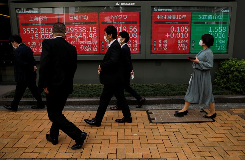 &copy; Reuters. FILE PHOTO: Passersby wearing protective face masks walk past an electronic board displaying world stock indexes, amid the coronavirus disease (COVID-19) pandemic, in Tokyo, Japan November 1, 2021. REUTERS/Issei Kato