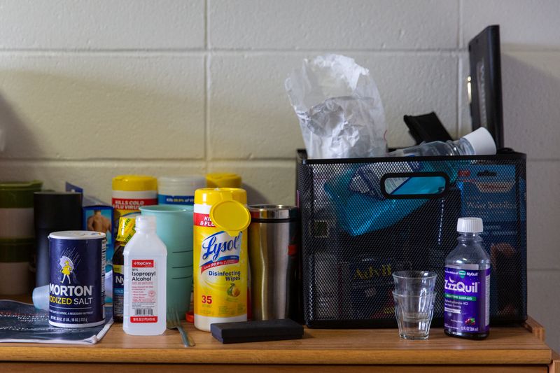 &copy; Reuters. FILE PHOTO: Lysol and hand sanitizer are placed in dorms at Syracuse University as students finish out the week of classes preparing for Spring Break and an extended period of online classes due to the coronavirus outbreak at Syracuse University, New York