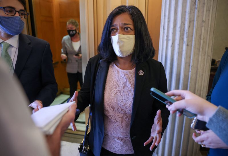&copy; Reuters. FILE PHOTO: U.S. Representative Pramila Jayapal (D-WA) speaks to reporters outside the House Floor of the United States Capitol in Washington, U.S., December 2, 2021. REUTERS/Evelyn Hockstein