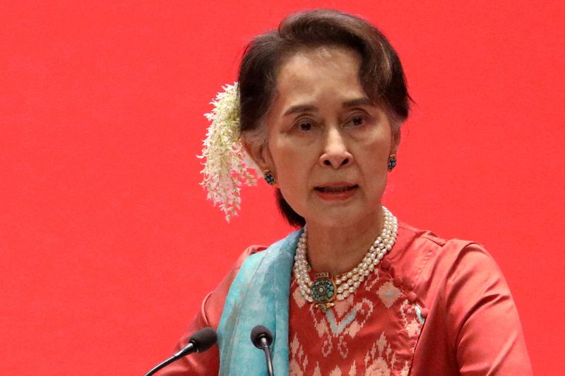 &copy; Reuters. FILE PHOTO: Myanmar's then state counsellor, Aung San Suu Kyi, attending an invesmtent meeting in Naypyitaw, Myanmar, January 28, 2019. REUTERS/Ann Wang