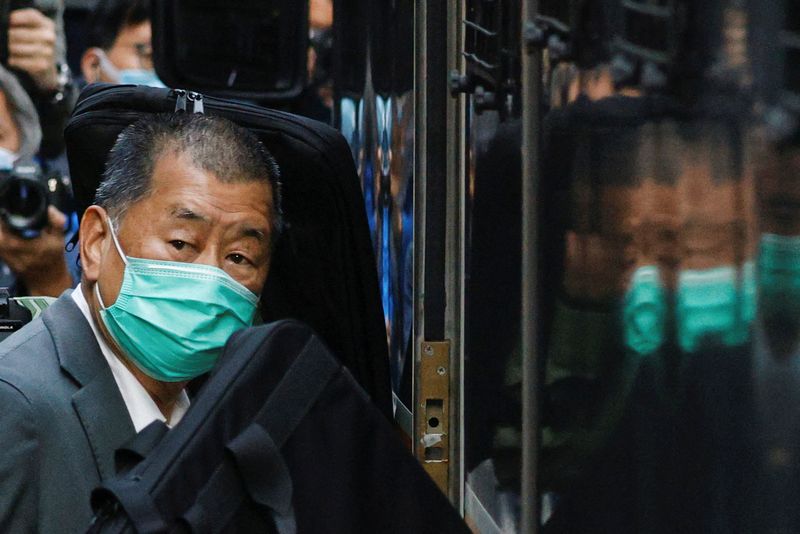 &copy; Reuters. Media tycoon Jimmy Lai, founder of Apple Daily, looks on as he leaves the Court of Final Appeal by prison van, in Hong Kong, China February 1, 2021. REUTERS/Tyrone Siu/Files