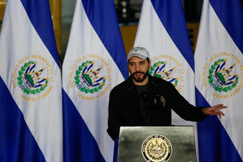 &copy; Reuters. FILE PHOTO: El Salvador's President Nayib Bukele speaks during a ceremony to lay the first stone of Chivo Vet, a veterinary hospital financed with the gains El Salvador has obtained from its bitcoin operations, in Antiguo Cuscatlan, El Salvador November 1