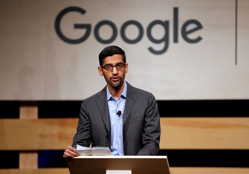 &copy; Reuters. FILE PHOTO: Google CEO Sundar Pichai speaks during signing ceremony committing Google to help expand information technology education at El Centro College in Dallas, Texas, U.S. October 3, 2019.  REUTERS/Brandon Wade