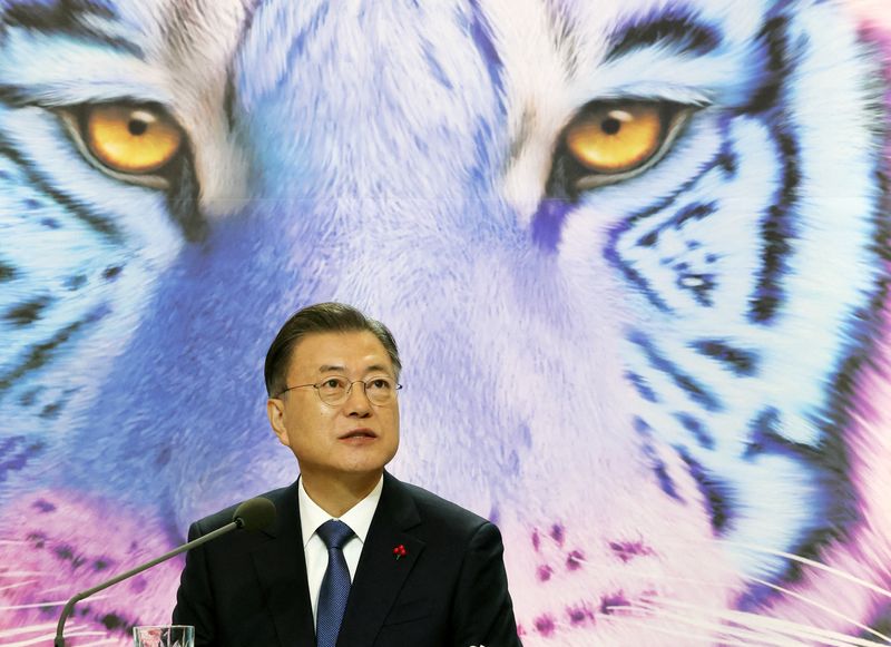 &copy; Reuters. South Korean President Moon Jae-in delivers a new year speech at the Presidential Blue House in Seoul, South Korea, January 3, 2022.   Yonhap via REUTERS   ATTENTION EDITORS - THIS IMAGE HAS BEEN SUPPLIED BY A THIRD PARTY. SOUTH KOREA OUT. NO RESALES. NO 