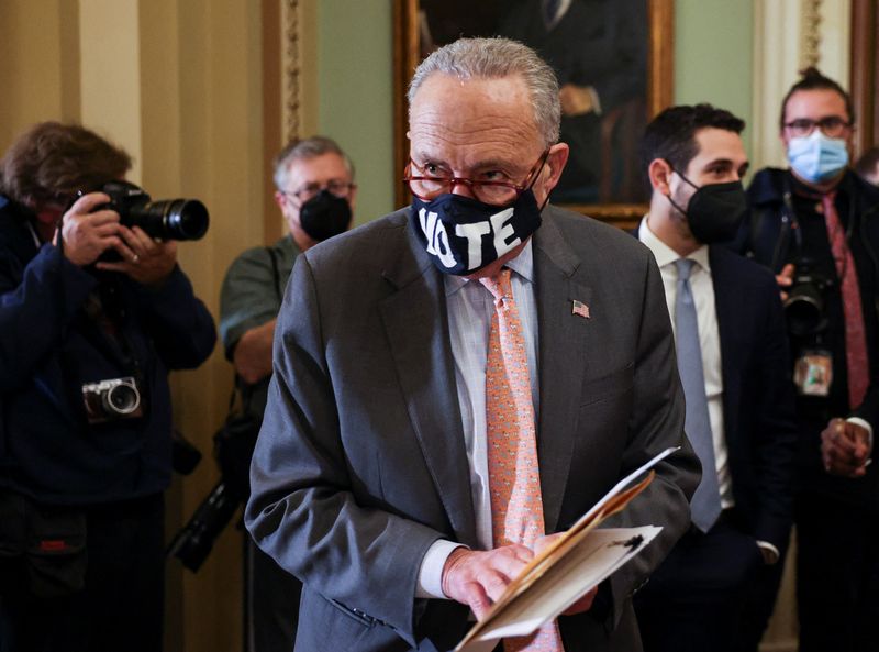&copy; Reuters. U.S. Senate Democratic Leader Chuck Schumer (D-NY) wears a voting-themed face mask as he faces reporters following the Senate Democrats weekly policy lunch at the U.S. Capitol in Washington, U.S., November 2, 2021. REUTERS/Evelyn Hockstein