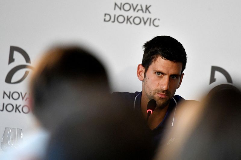 &copy; Reuters. FILE PHOTO: Former world No.1 tennis player Novak Djokovic speaks during a news conference in Belgrade, Serbia July 26, 2017. REUTERS/Andrej Isakovic/File Photo