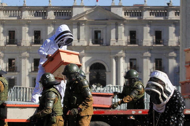 &copy; Reuters. Efectivos policiales retiran panales de abejas durante una protesta de apicultores que exigían medidas gubernamentales para enfrentar la persistente sequía frente al palacio presidencial chileno, en Santiago, Chile, 3 de enero de 2022. REUTERS / Dragomi