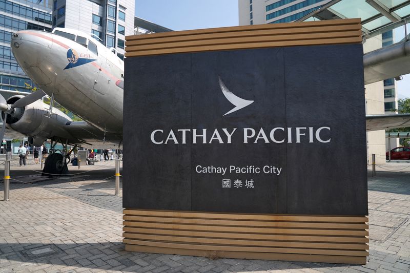 © Reuters. FILE PHOTO: A sign of Cathay Pacific is seen at its  headquarters Cathay City in Hong Kong, China October 21, 2020. REUTERS/Lam Yik/File Photo/File Photo