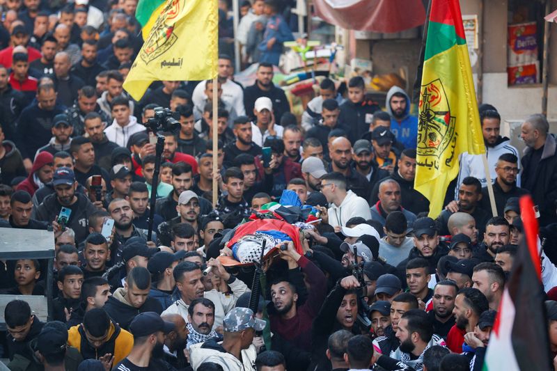 © Reuters. جثمان المواطن الفلسطيني القتيل باكير حشاش محمولا على الأعناق أثناء جنازته في نابلس بالضفة الغربية المحتلة يوم الخميس. تصوير:محمد تركمان-رويترز.