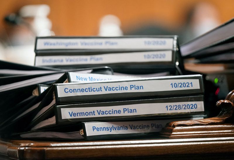 &copy; Reuters. FILE PHOTO: Folders with COVID-19 vaccine plans for various states are stacked on a table as Xavier Becerra, U.S. President Joe Biden's nominee for Secretary of Health and Human Services, testifies during his confirmation hearing before the Senate Health,