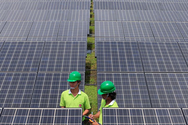© Reuters. FILE PHOTO: Two employees of SPCG, Thailand's largest solar farm producer, take notes between panels at the farm in Korat, Nakorn Ratchasima province, October 3, 2013. Riding on generous government incentives, Thailand's energy firms are deepening a push into solar power to bolster their profits over the next few years and perk up lacklustre shares. REUTERS/Athit Perawongmetha 