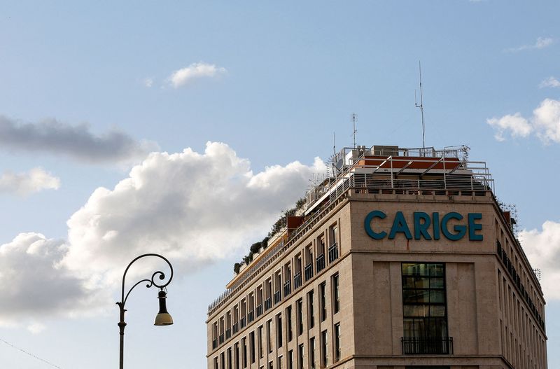 &copy; Reuters. FILE PHOTO: The logo of Carige bank is seen in Rome, Italy, April 9 2016. REUTERS/Alessandro Bianchi