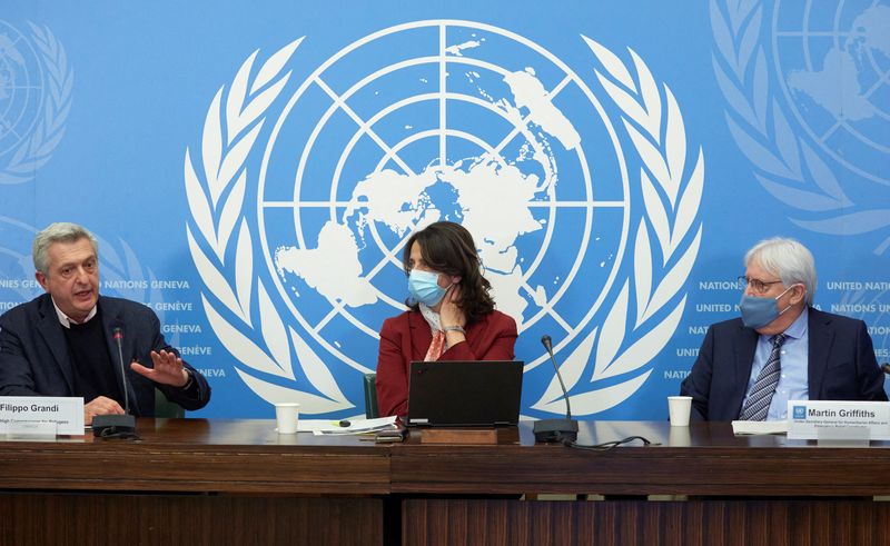 &copy; Reuters. Filippo Grandi, U.N. High Commissioner for Refugees, Alessandra Vellucci, Director of the United Nations Information Service (UNIS) and Martin Griffiths, U.N. Under-Secretary-General for Humanitarian Affairs and Emergency Relief Coordinator attend the lau