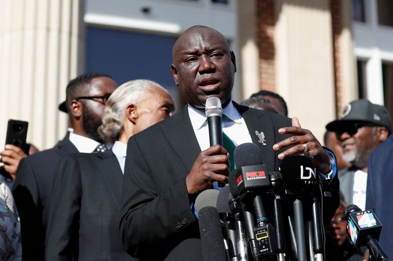 &copy; Reuters. FILE PHOTO: Attorney Ben Crump speaks during a news conference outside the Glynn County Courthouse while Greg McMichael, his son Travis McMichael and William "Roddie" Bryan are tried over the killing of Ahmaud Arbery, in Brunswick, Georgia, U.S., November