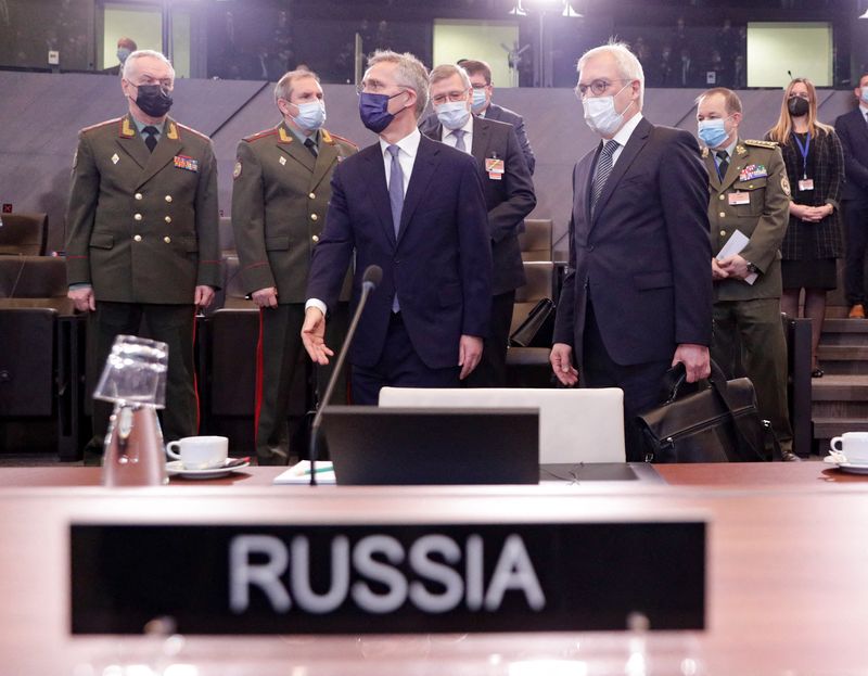&copy; Reuters. Russian Deputy Foreign Minister Alexander Grushko and NATO Secretary General Jens Stoltenberg  are seen during NATO-Russia Council at the Alliance's headquarters in Brussels, Belgium January 12, 2022. Olivier Hoslet/Pool via REUTERS
