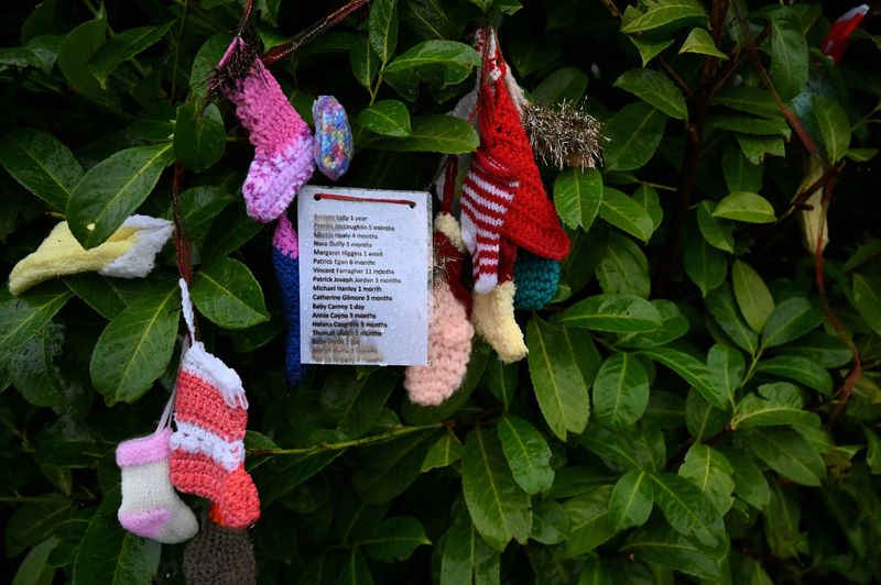 &copy; Reuters. FILE PHOTO: A detail view of some of the victims names hanging from a tree at the Tuam graveyard where the bodies of 796 babies were uncovered at the site of a former Catholic Church-run Bon Secours Mother and Baby Home, in Tuam, Ireland, January 12, 2021