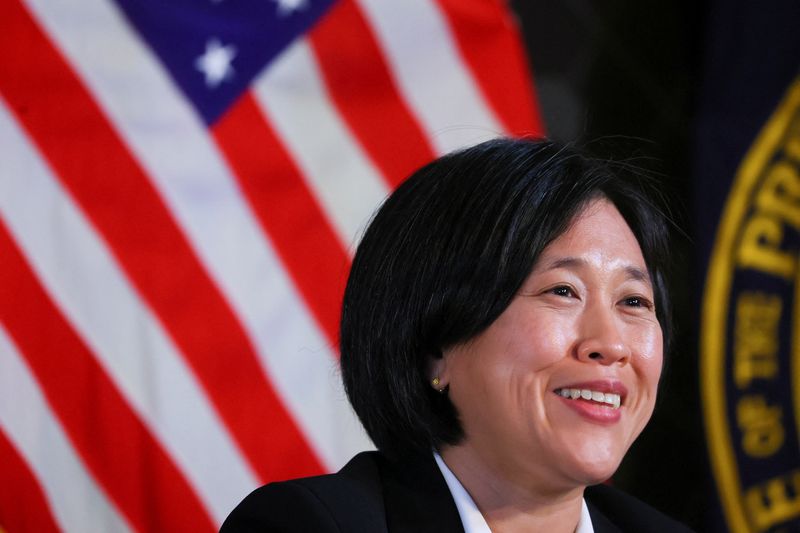 &copy; Reuters. FILE PHOTO: U.S. Trade Representative Katherine Tai addresses the Geneva Graduate Institute on the role of the World Trade Organization (WTO) in the global economy and U.S. policy priorities ahead of the 12th Ministerial Conference in Geneva, Switzerland 