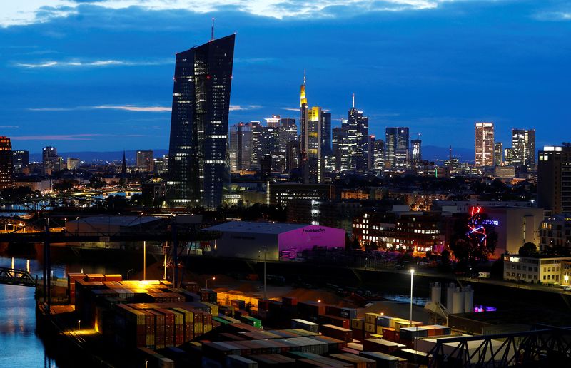 &copy; Reuters. FILE PHOTO: The skyline with its banking district and the European Central Bank (ECB) is photographed in Frankfurt, Germany, August 13, 2019. REUTERS/Kai Pfaffenbach